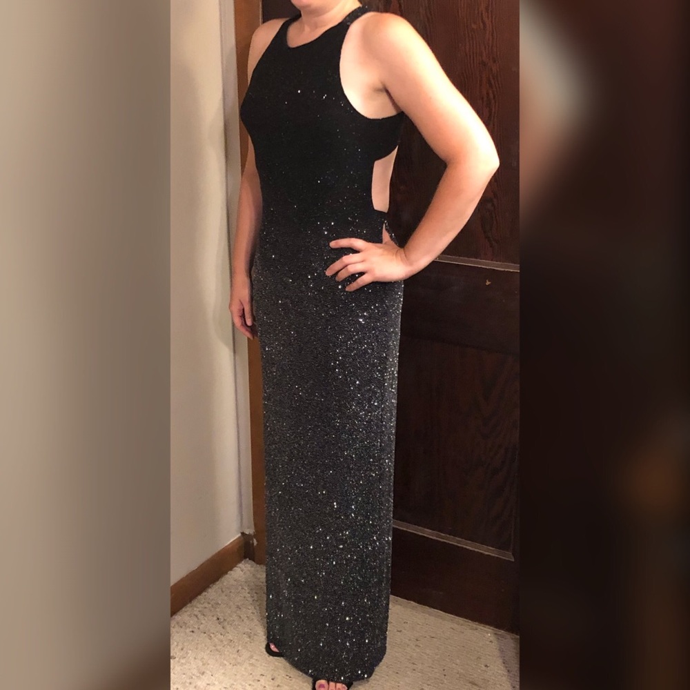 Ballroom floor length dress with slit